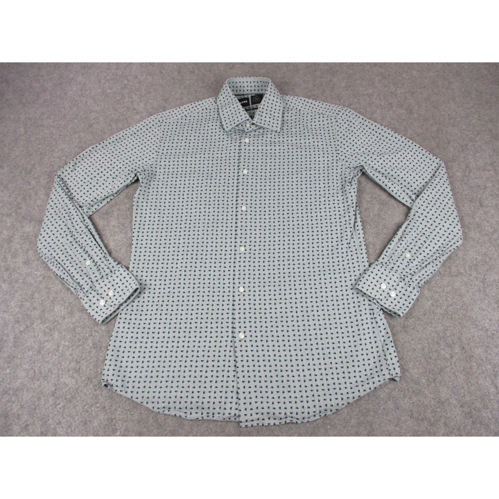 Boss Shirt Men Medium Green Geometric Herringbone Long Sleeve Slim Fit Button Up